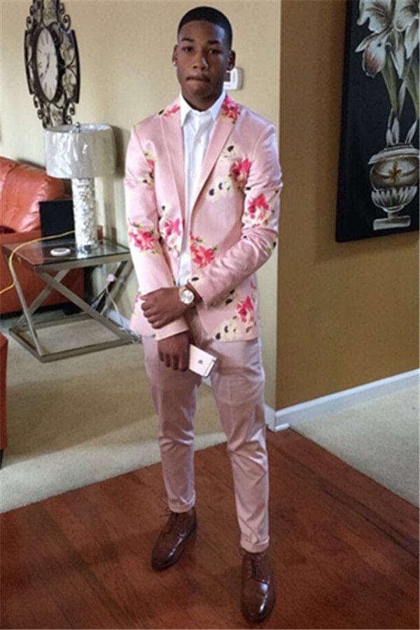 Newest Pink 2 Pieces Groom And Groomsmen Suits With Flower Printed | Ballbellas Ballbellas