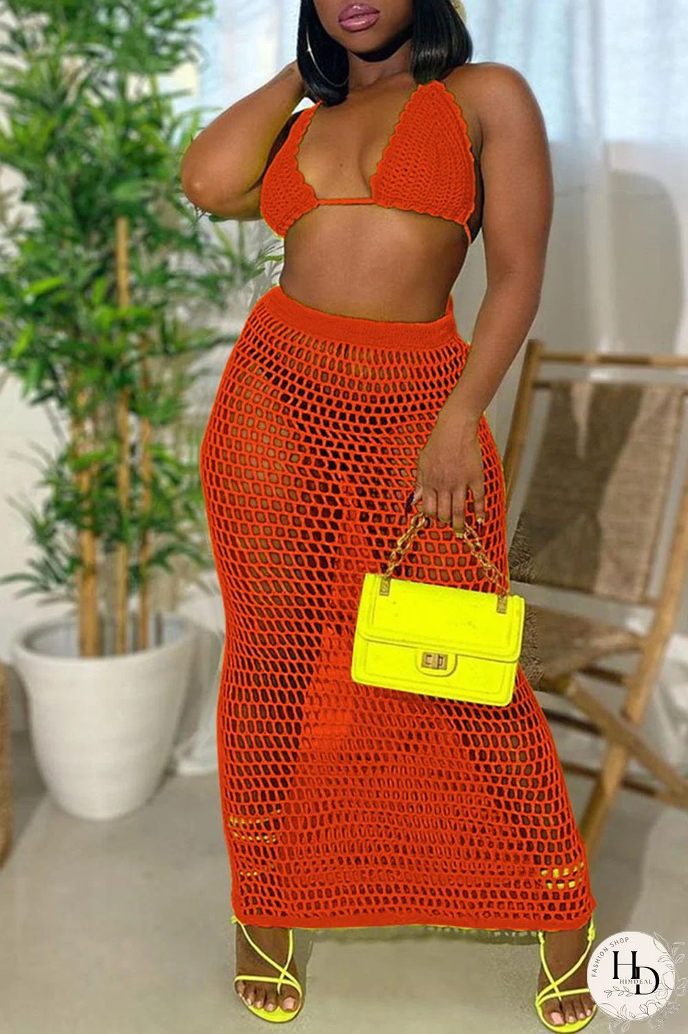 Tangerine Red Sexy Solid Hollowed Out Patchwork Halter Sleeveless Two Pieces