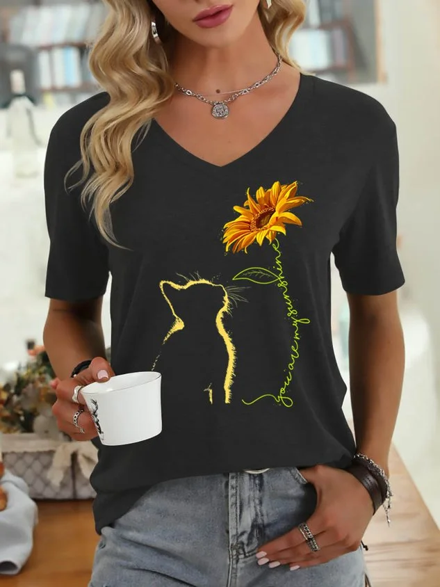 Cat You Are My Sunshine Sunflower Women V Neck T-Shirt Top socialshop