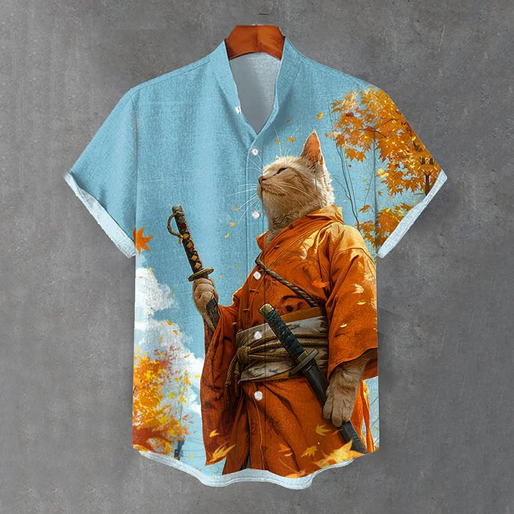 Japanese Fall Cat Samurai Nature Ink Painting Art Linen Blend Cozy Shirt