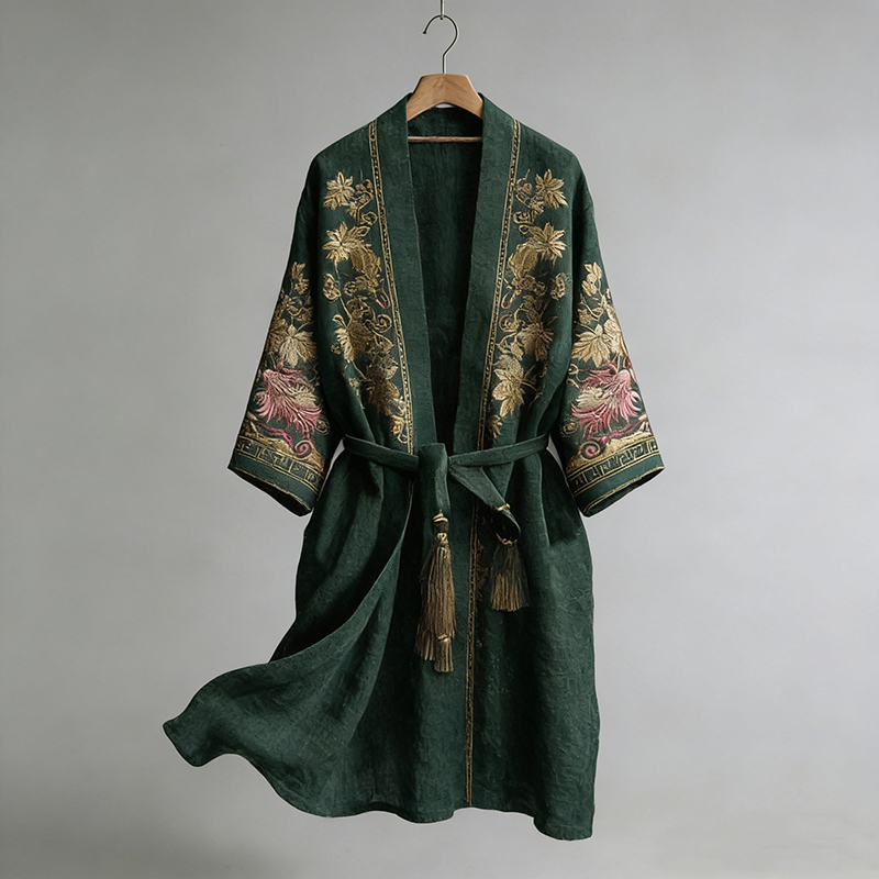 Japanese Maple Leaf Print Linen Blend Kimono  artssus