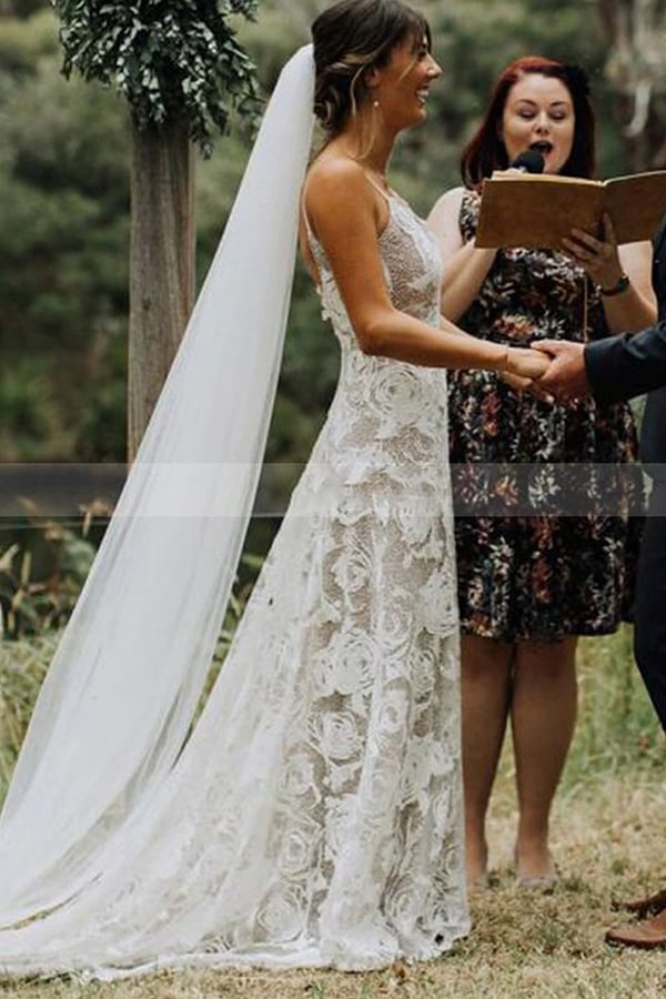 Sexy Spaghetti Straps A-line Backless Wedding Dress With Lace | Ballbellas Ballbellas