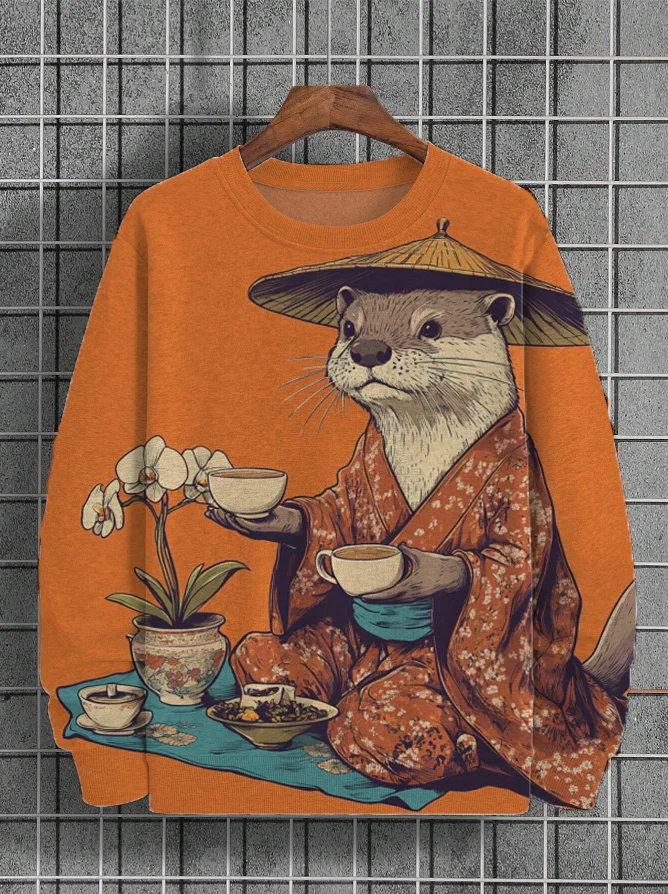 Men's Kimono Otter Tasting Tea Japanese Art Print Casual Sweatshirt