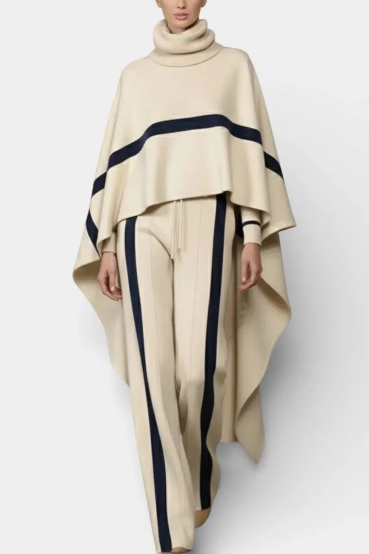 Oversized Turtleneck Poncho with Striped Wide-Leg Pants