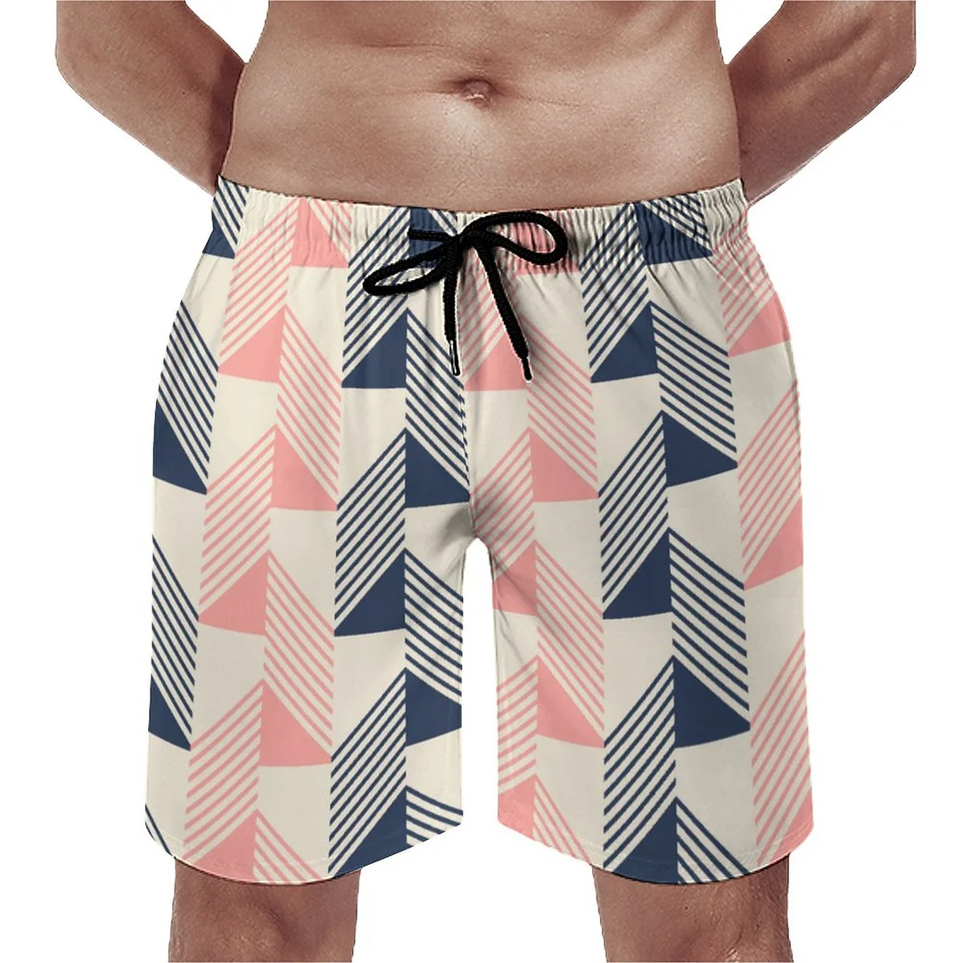 Abstract Pink Line Triangles Stars Geometric Men's Swim Trunks Summer Board Shorts Quick Dry Beach Short with Pockets