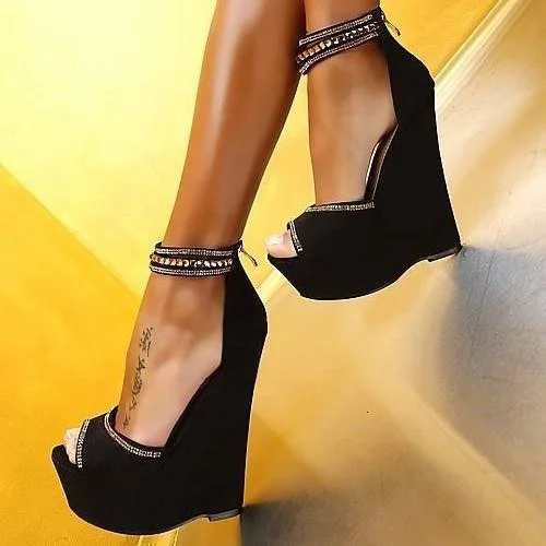 Women's Black Peep Toe Wedge Heels Rhinestone Super High Stripper Heels Pumps |FSJ Shoes