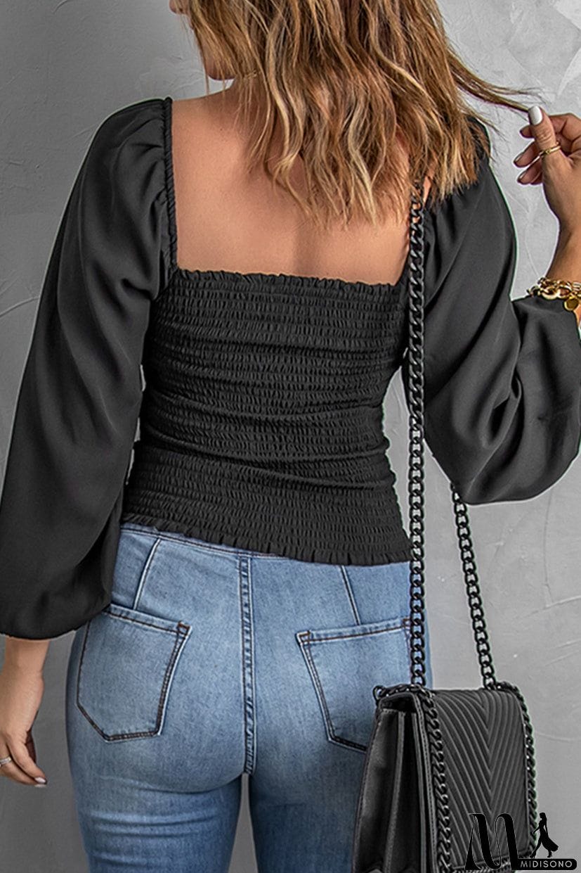 MidiSono - Black Puff Sleeve Smocked Top