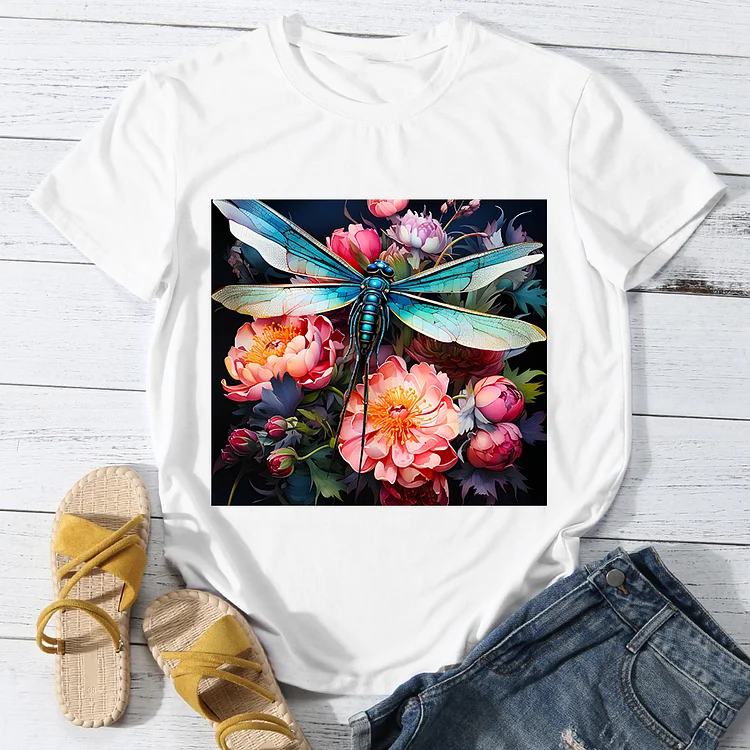 Dragonfly with Lush flower Women Round Neck T-shirt - BSTCA0085