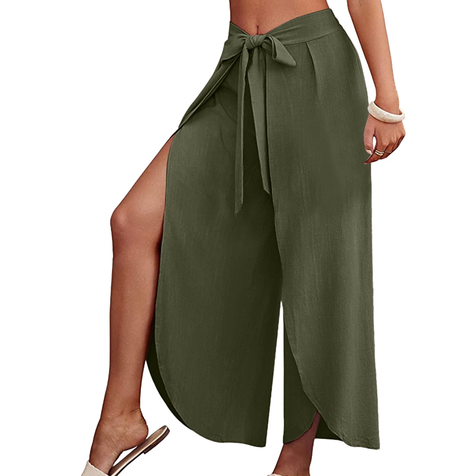 Verbsign Summer Casual Beach Palazzo Pants Ladies Slim Lace Up Business Flared Wide Leg Pants Versatile Beach Pants New Linen Dress Pants