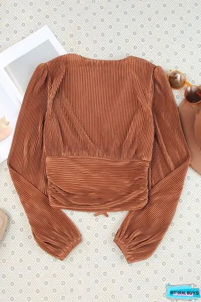 Drawstring V-Neck Balloon Sleeve Blouse