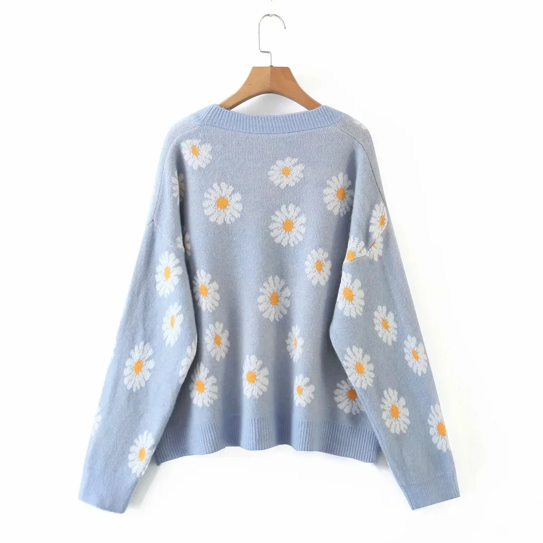 Autumn Flower Cardigan for Women Sweater Women College Knit Long Sleeve Top Loose Green Sweater Female Sueters De Mujer