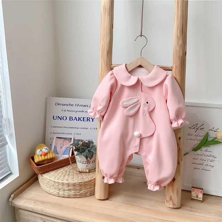 Baby Girl 3D Rabbit Patch Solid Color Long Sleeve Romper