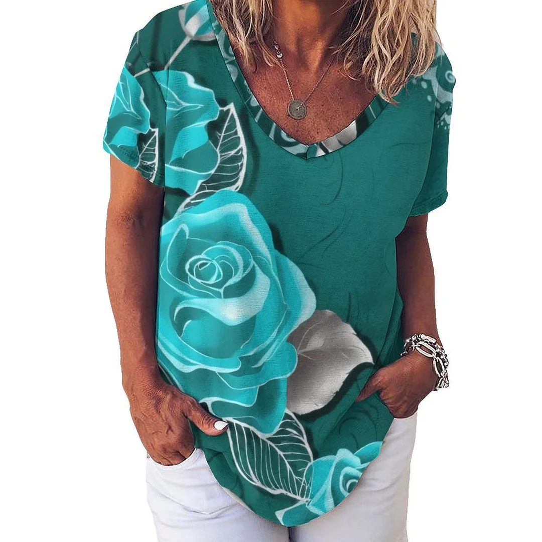 V-neck Short Sleeve Casual T-shirt for  Women Printed with Pattern Floral, Turquoise, Rose