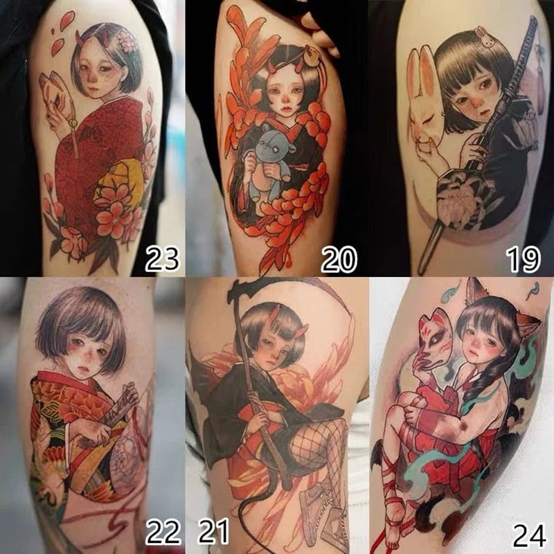 New 6pc/Lot Japanese Cartoon Beautiful Girl Temporary Tattoo Stickers Female Waterproof Cool Fake Tattoo Art Arm Tattoo Stickers