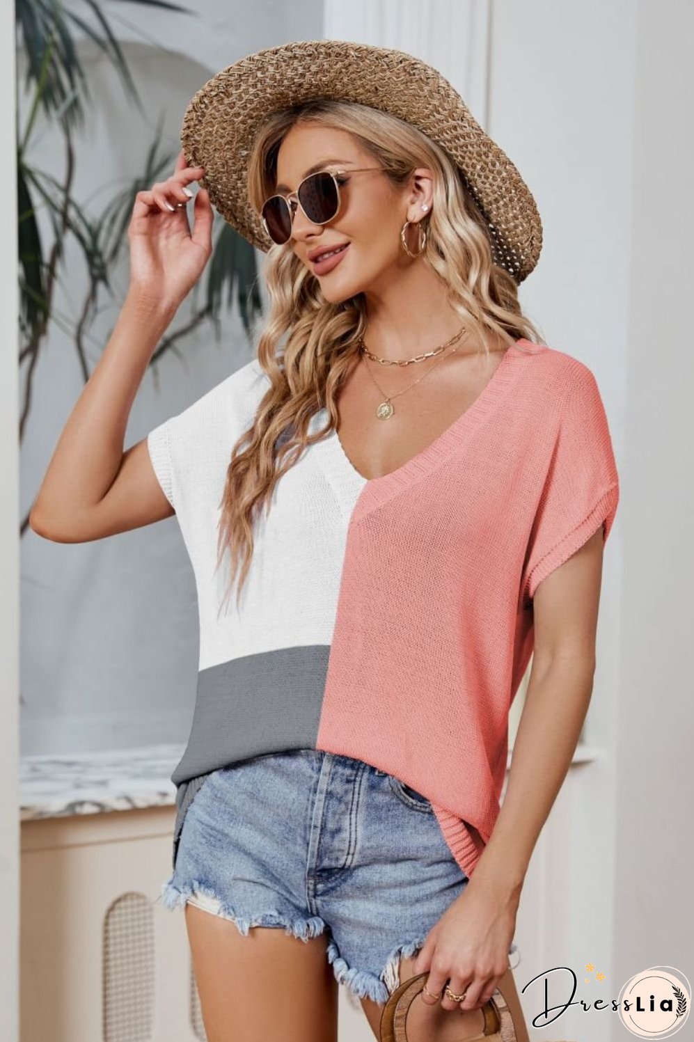 Color Block V-Neck Knit Top