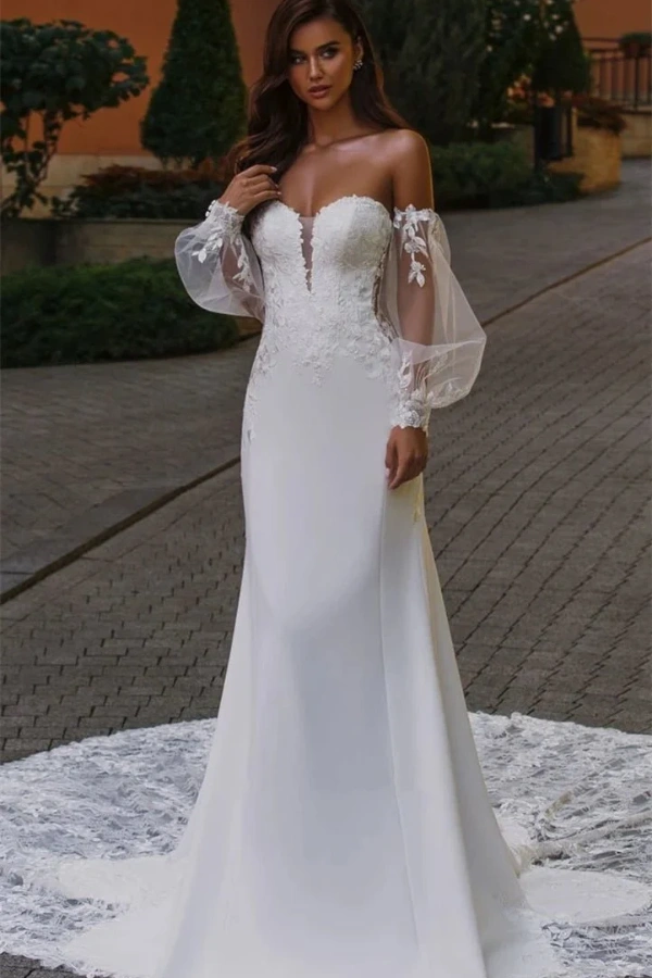 Ovlias White Off-Shoulders V-Neck Mermaid Wedding Dress Floor Length with Lace Applique DE0002