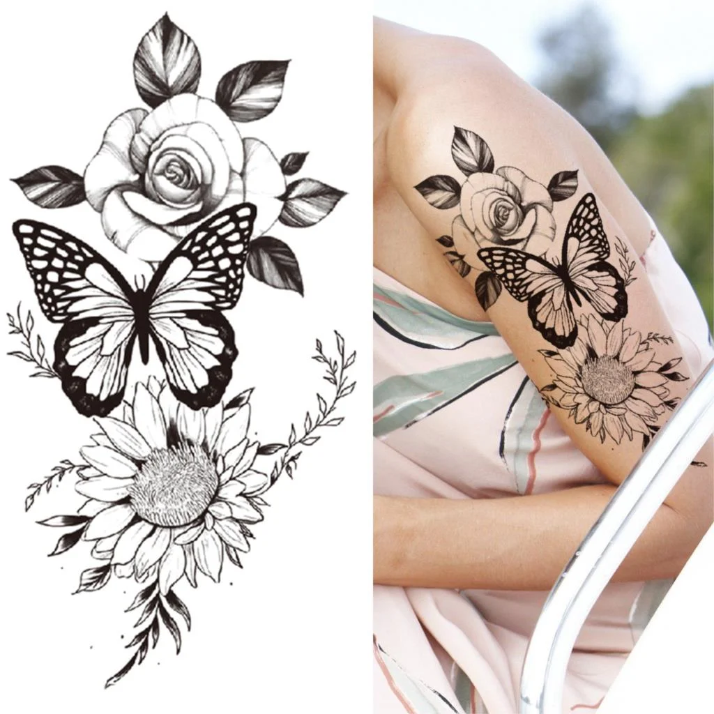 Geometry Rose Flower Temporary Tattoos For Women Girls Black Butterfly Bird Tattoo Sticker Fake Peony Geometric Body Art Tattos