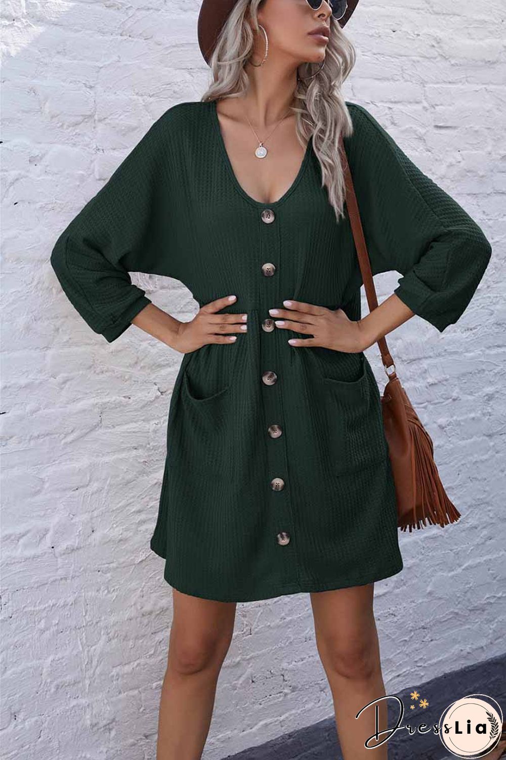 V-Neck Buttoned Loose Knit Hem Mini Dresses