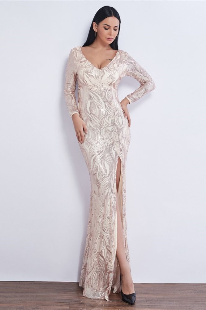 champagne gold sequins long sleeve prom dress with slit