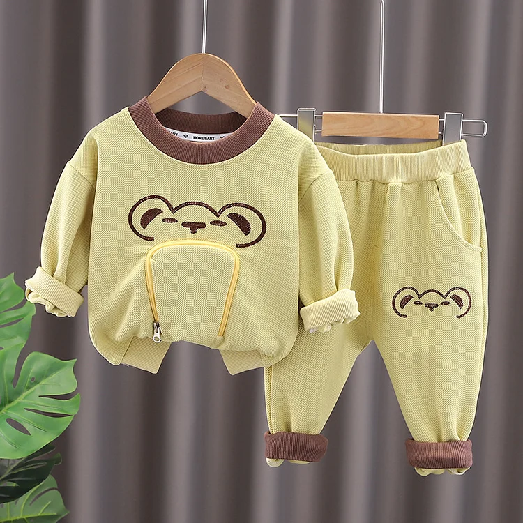 2pcs Baby Boy/Girl Cartoon Embroideried Animal Pocket Sweatshirt & Pants Set