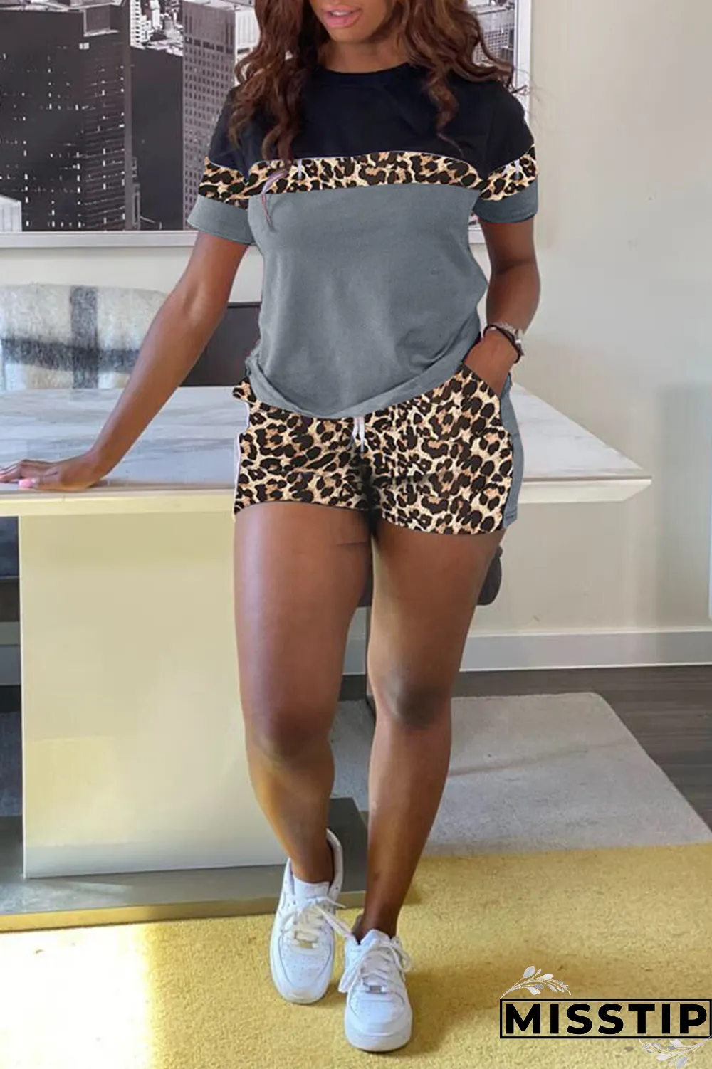 Peacock Blue Casual Leopard Patchwork O Neck Short Sleeve Two Pieces