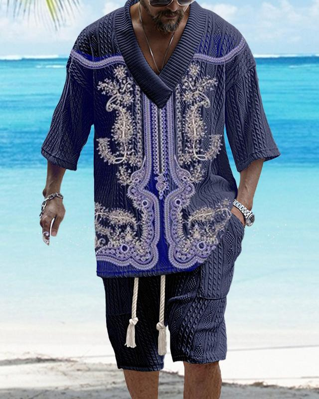 Men's V-neck luxury textured print shorts Set 57
