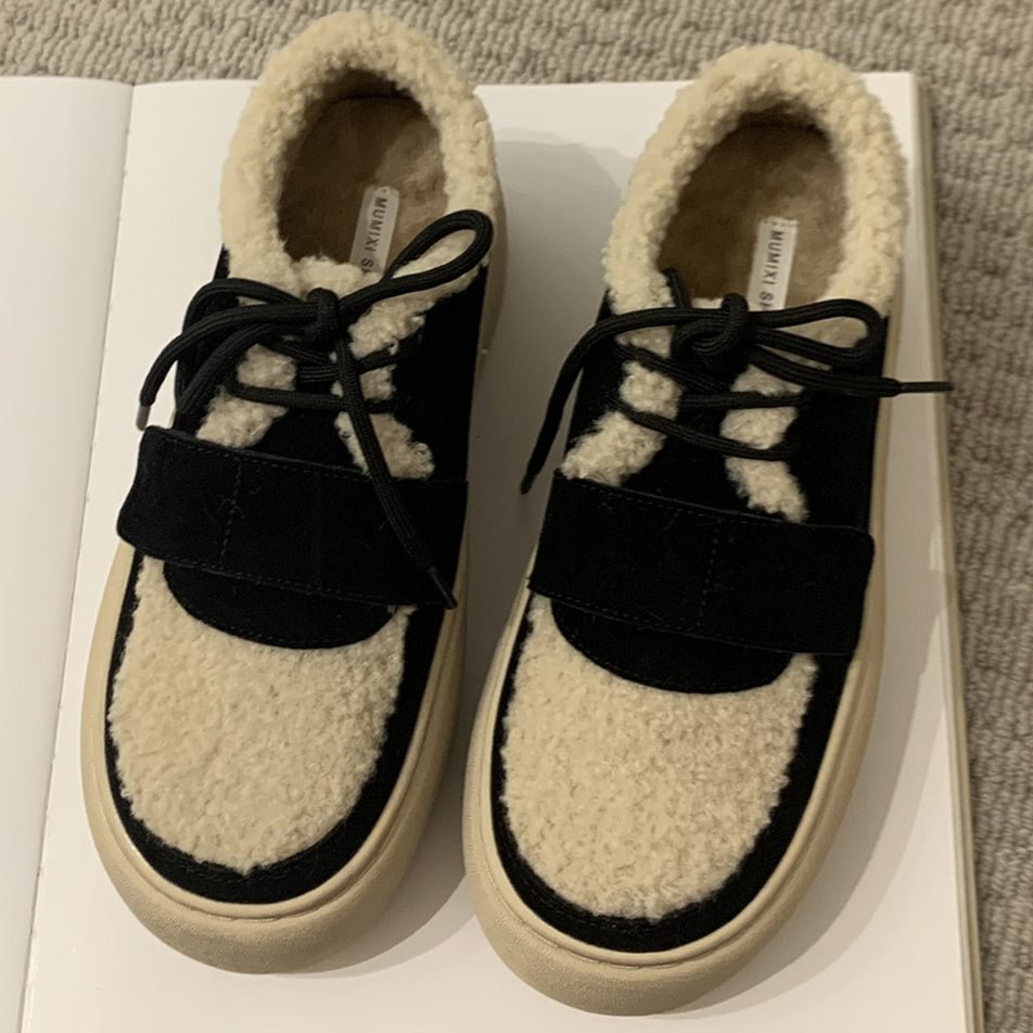 Women's Casual Colorblock Shoelace Round Toe Flat Sole Plush Shoes