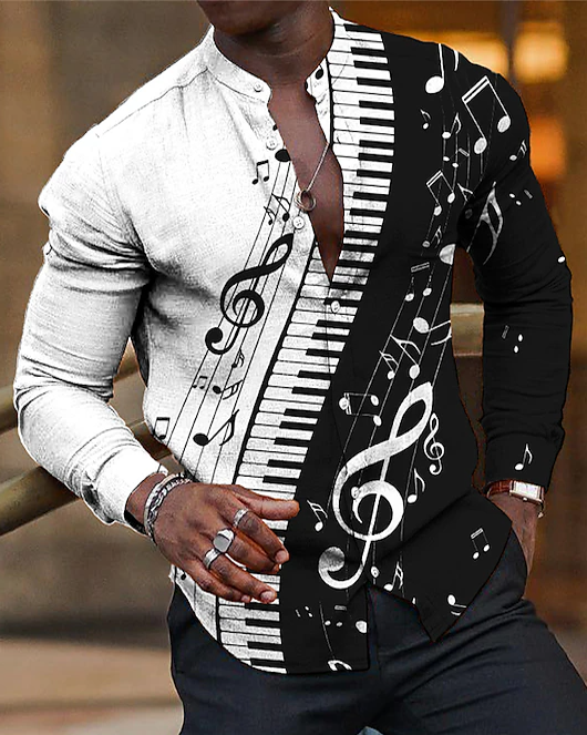 Suitmens Men's Cotton Linen Jazz Note Stand Collar Long Sleeve Shirt 058
