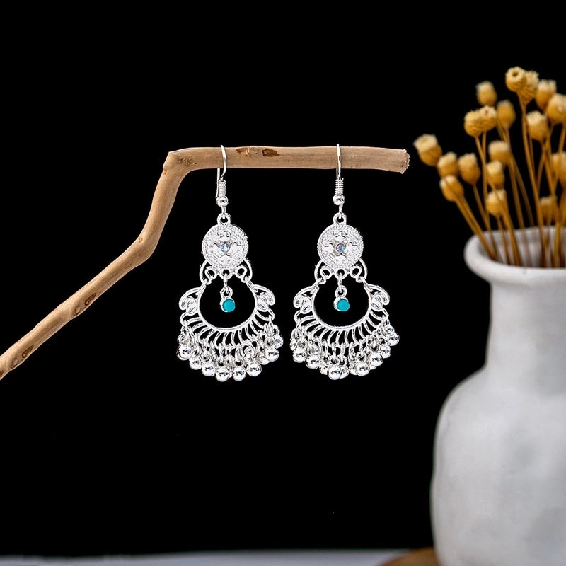 Bohemian Blue Turquoise National Style Earrings Imitation Miao Silver Metal Earrings Vintage Tassel Earrings
