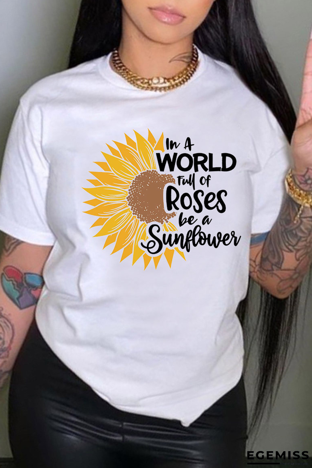 White Fashion Casual Print Patchwork O Neck T-Shirts | EGEMISS