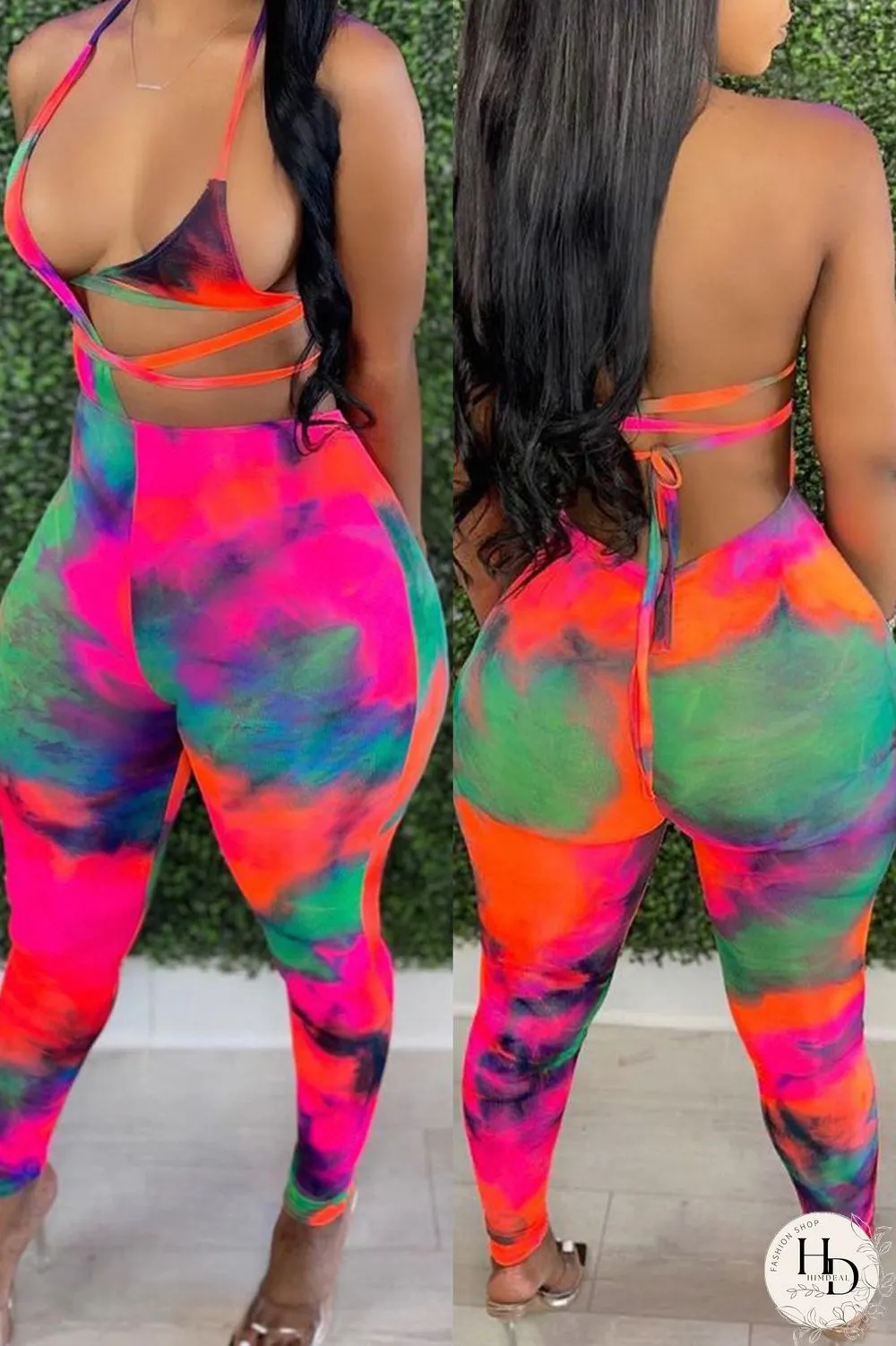 Rose Red Fashion Sexy Print Tie Dye Backless Strap Design Halter Sleeveless Two Pieces