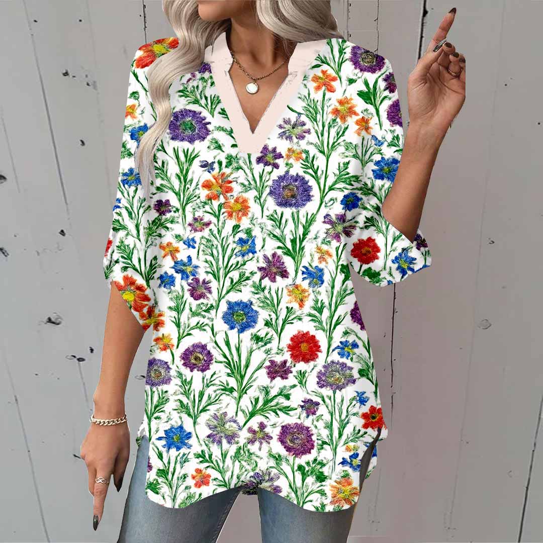 Women Floral, Green,Ladynora DZGA0041 3/4 Sleeve V-neck Printed Graphic Button Tops