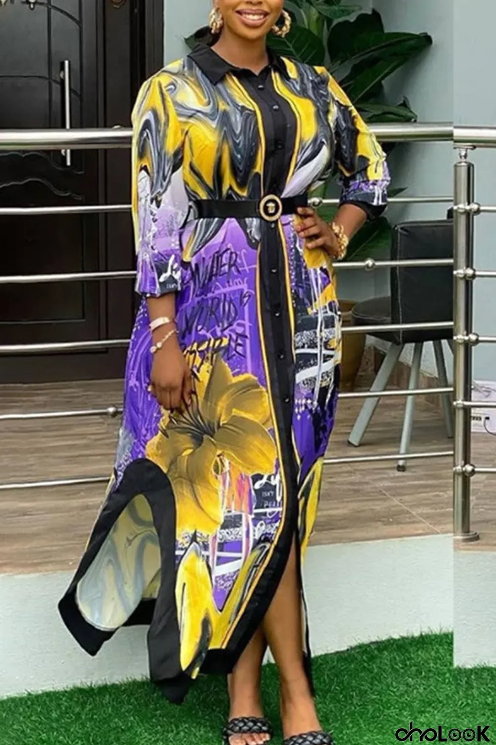 Purple Casual Print Split Joint Buckle Asymmetrical Turndown Collar Dresses