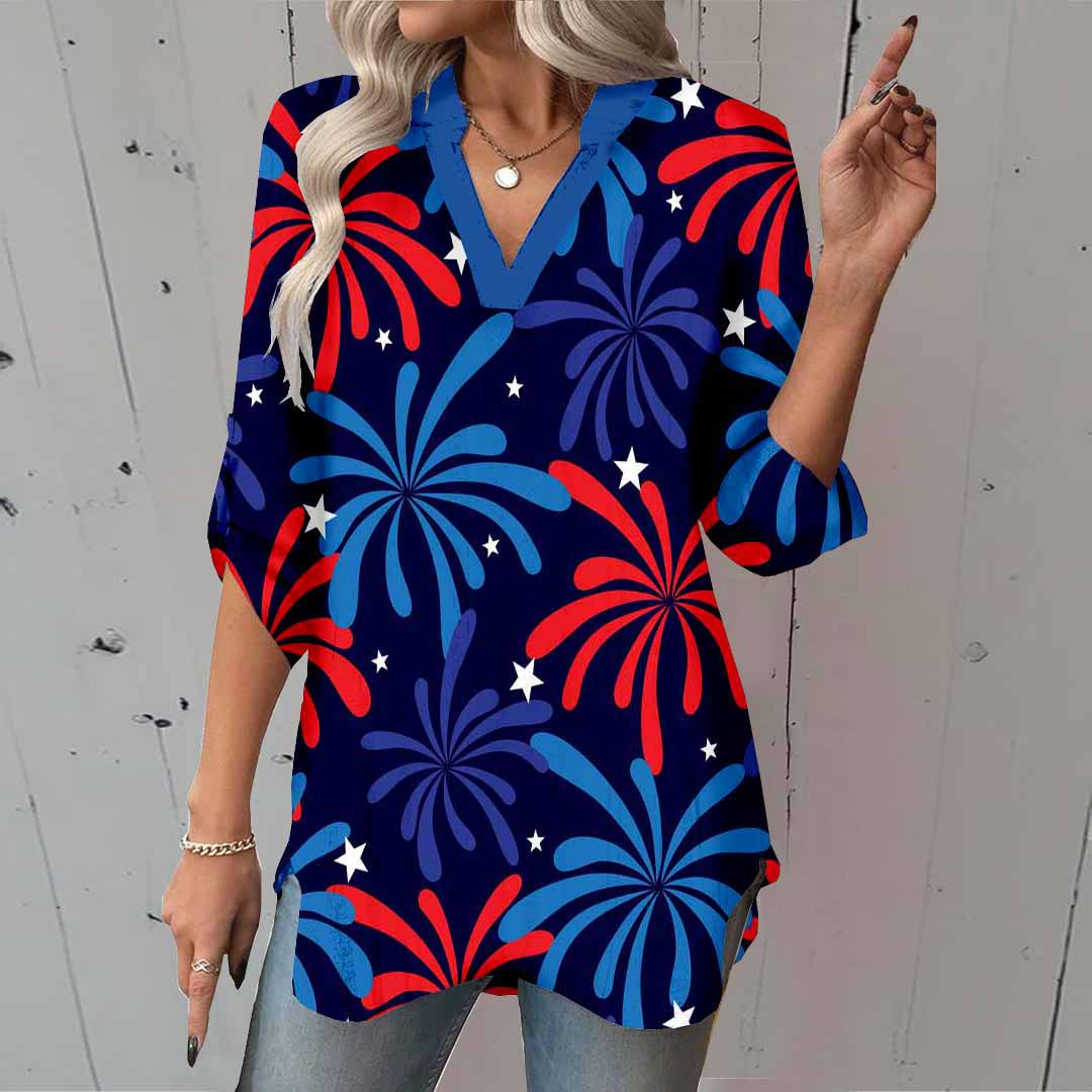 Women  Independence Day, Star, Striped, Blue, Red DZGA0233 3/4 Sleeve V-neck Printed Graphic Button Tops