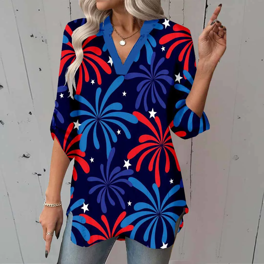 Women  Independence Day, Star, Striped, Blue, Red DZGA0233 3/4 Sleeve V-neck Printed Graphic Button Tops