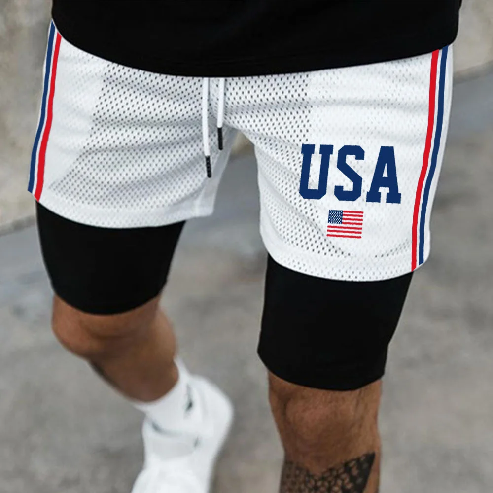 Men's USA Casual Print Mesh Performance Shorts、、URBENIE