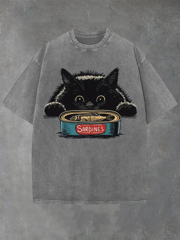 Men's Black Cat And Canned Sardines Print Cotton Washed T-Shirt