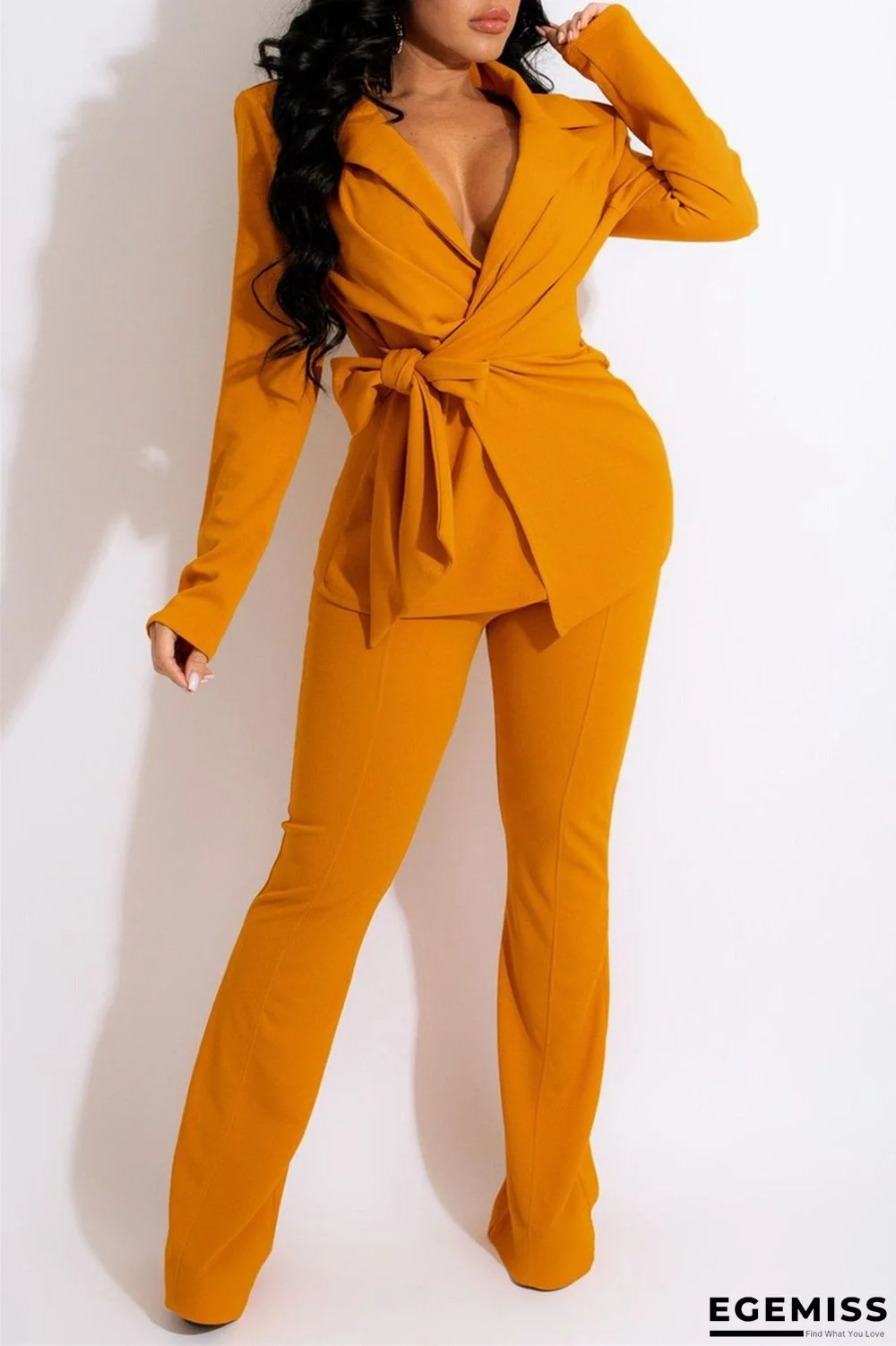 Yellow Fashion Casual Solid Bandage Turndown Collar Long Sleeve Two Pieces | EGEMISS