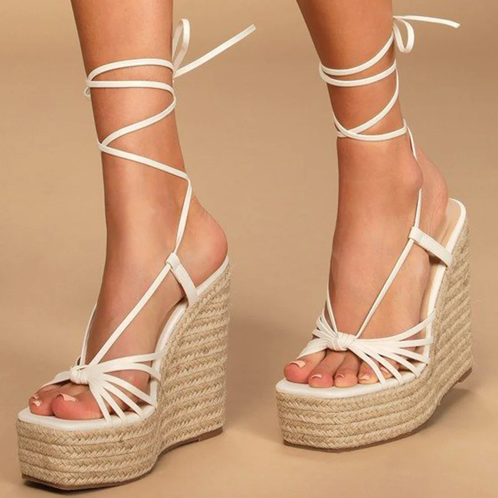 White Opened Toe Knot Design Lace Up Platform Sandals With Wedge Heels Nicepairs