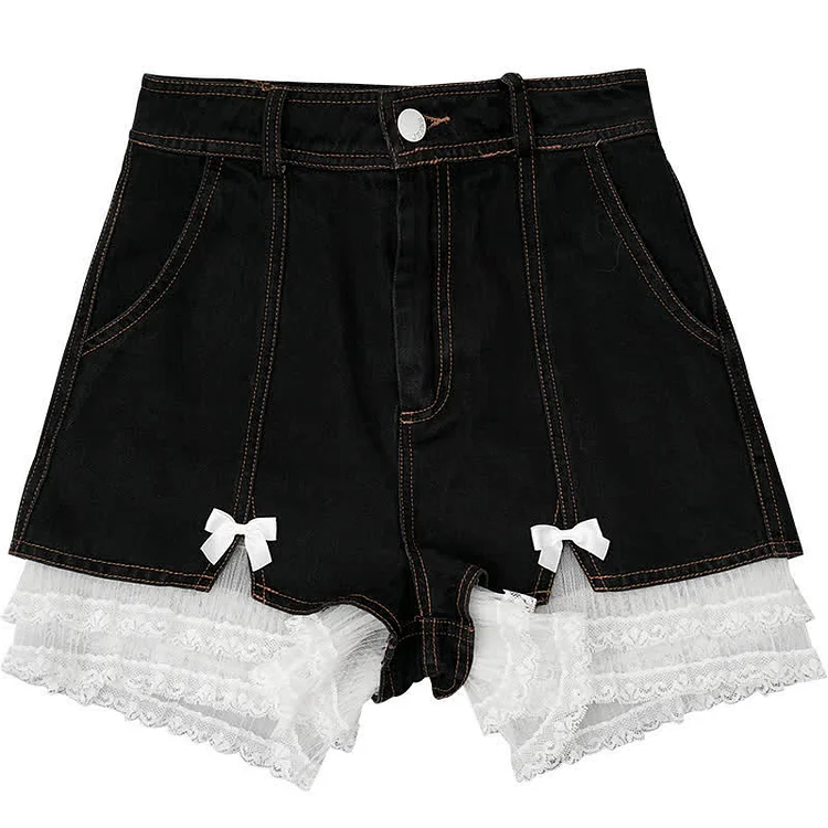 Lace Stitching Bowknot High Waist Denim Shorts - Modakawa modakawa