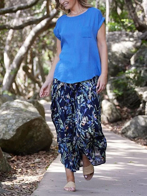 Cotton Linen Pocket Short Sleeve Vacation Ladies Set
