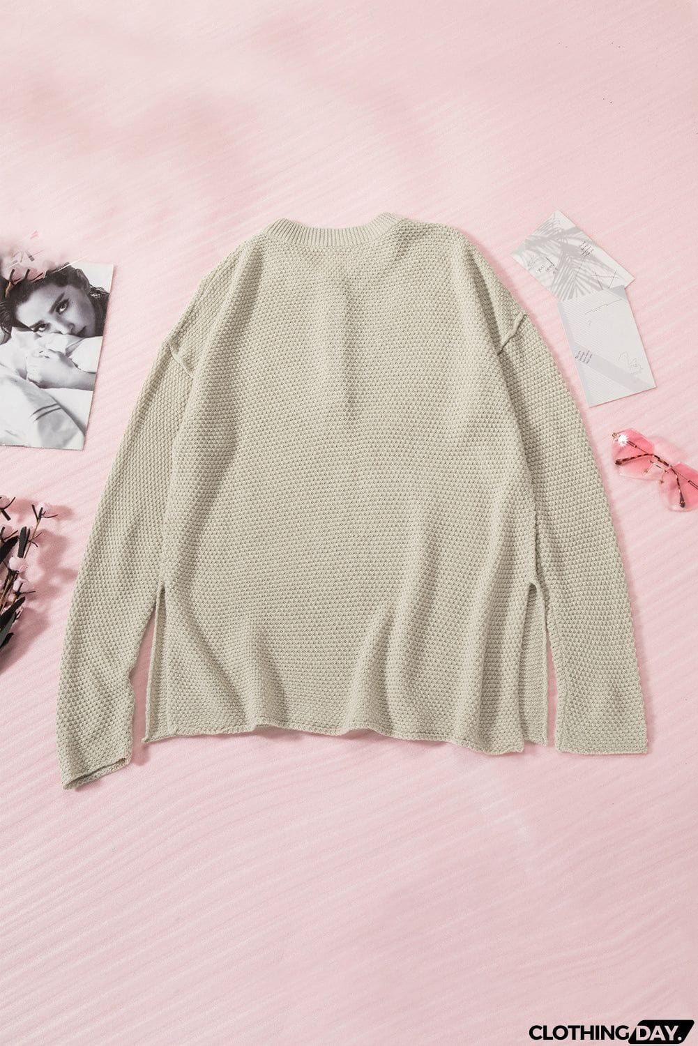 Women's Beige Henley Pullover Drop Shoulder Sweater with Slits