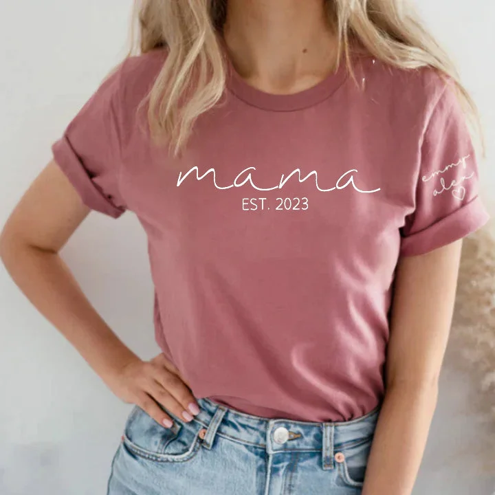 Personalised  Customization Mama Est Year T-shirt, with Children's Names on the Sleeve, Mother's Day Gift