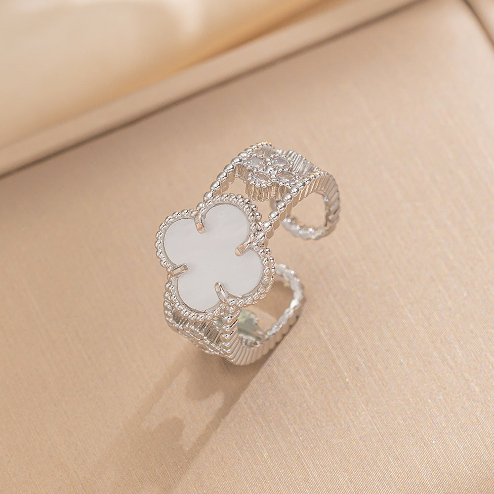 Ring Niche Four-Leaf Clover Zircon Ring Female Retro Open Adjustable Ring