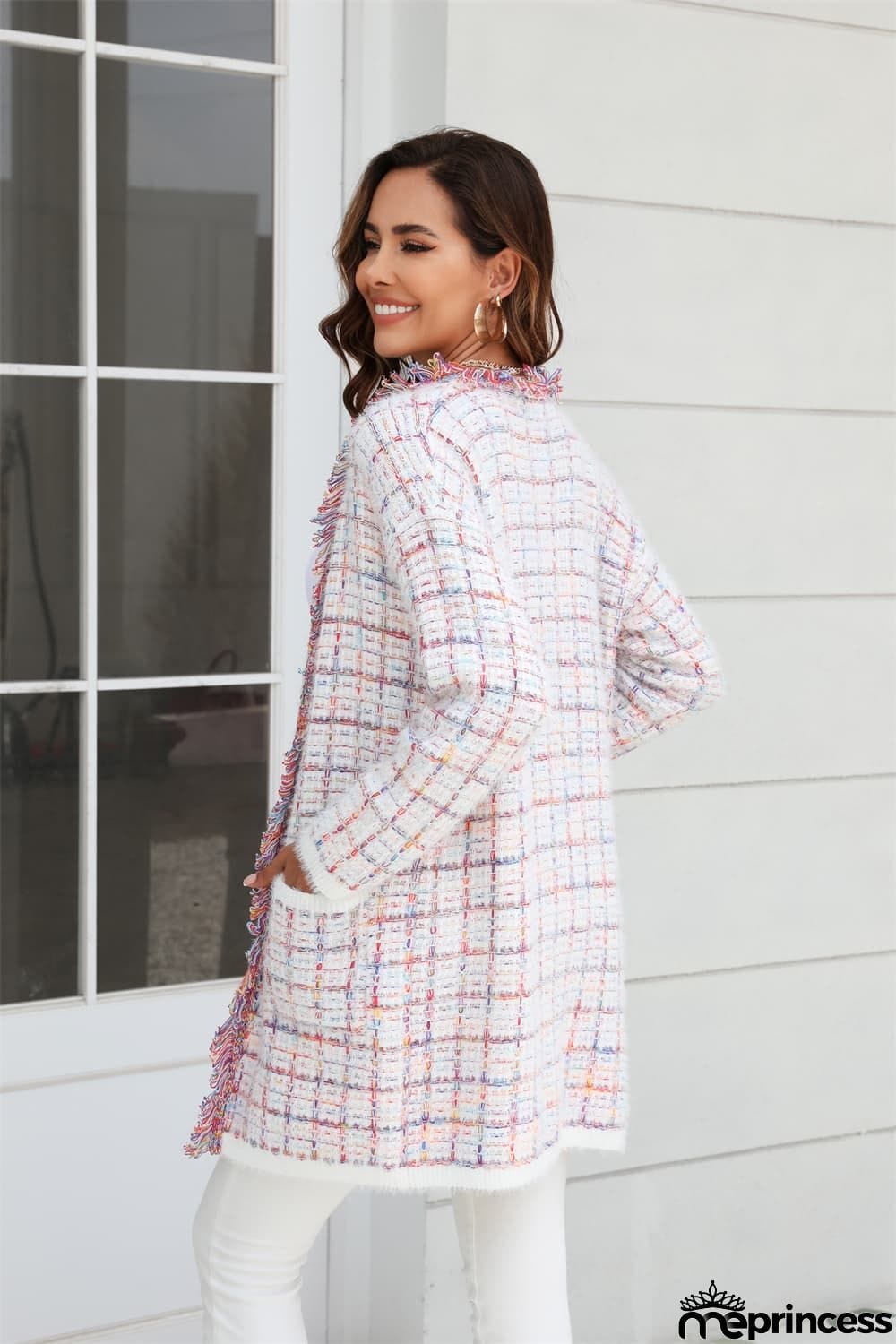 Plaid Fringe Trim Open Front Longline Cardigan