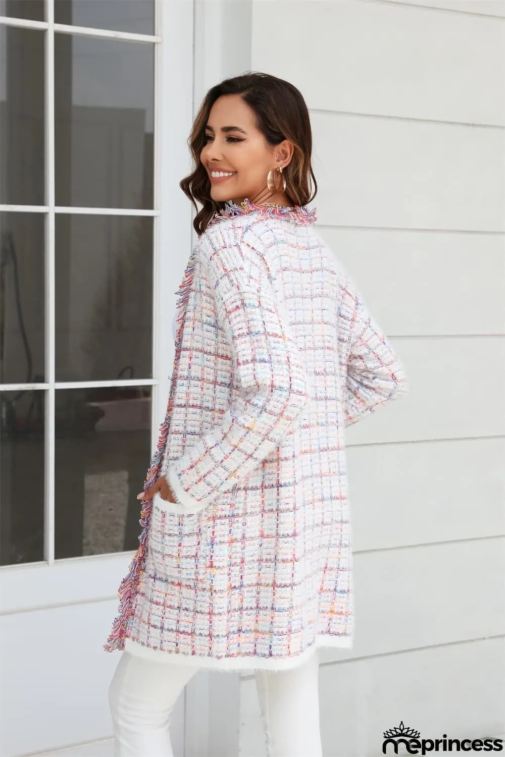 Plaid Fringe Trim Open Front Longline Cardigan