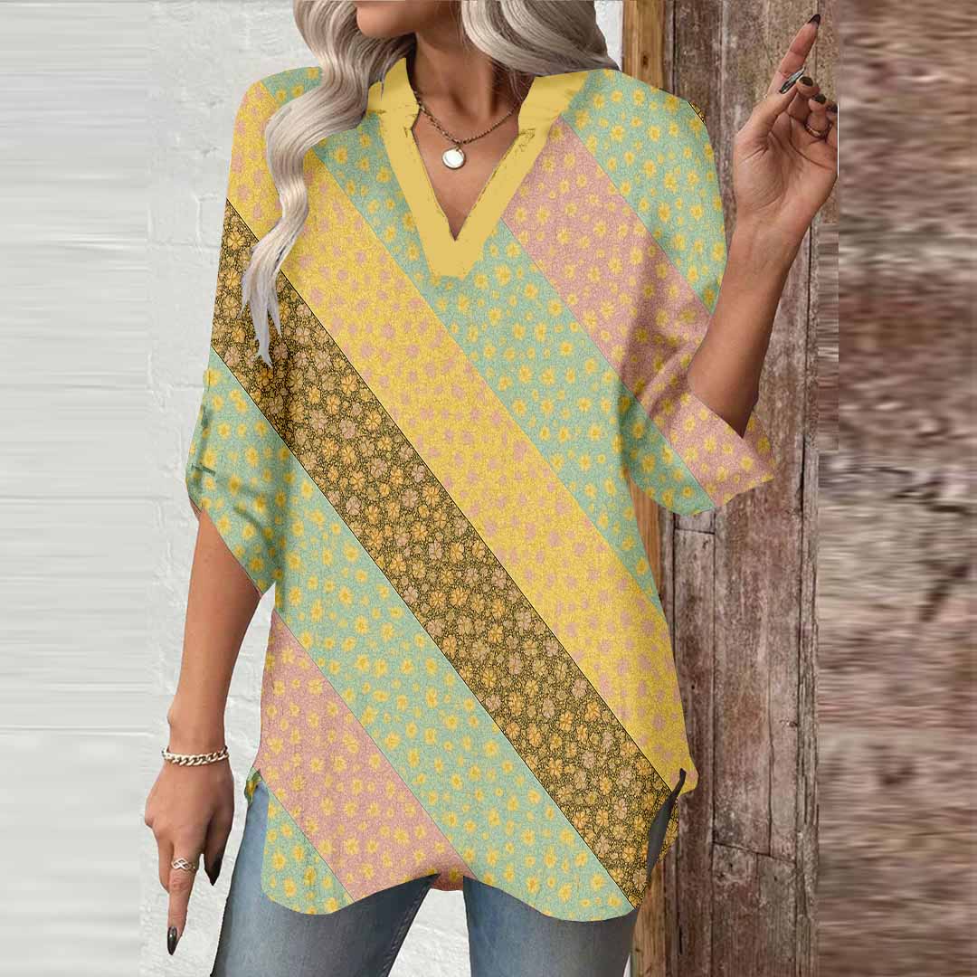Women Floral,Pink,Green DZGA0304 3/4 Sleeve V-neck Printed Graphic Button Tops