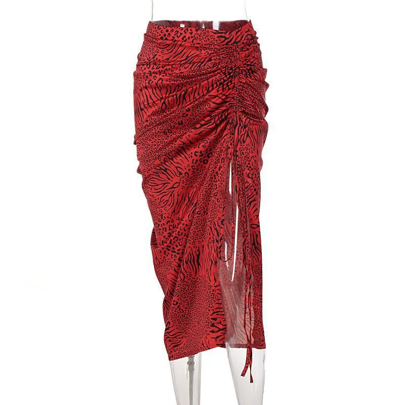 Woman Solid Sexy Skirts 2022 Summer High Waist Bandage Drawstrings Irregular Maxi Dress Ladies Streetwear Slit Skirts