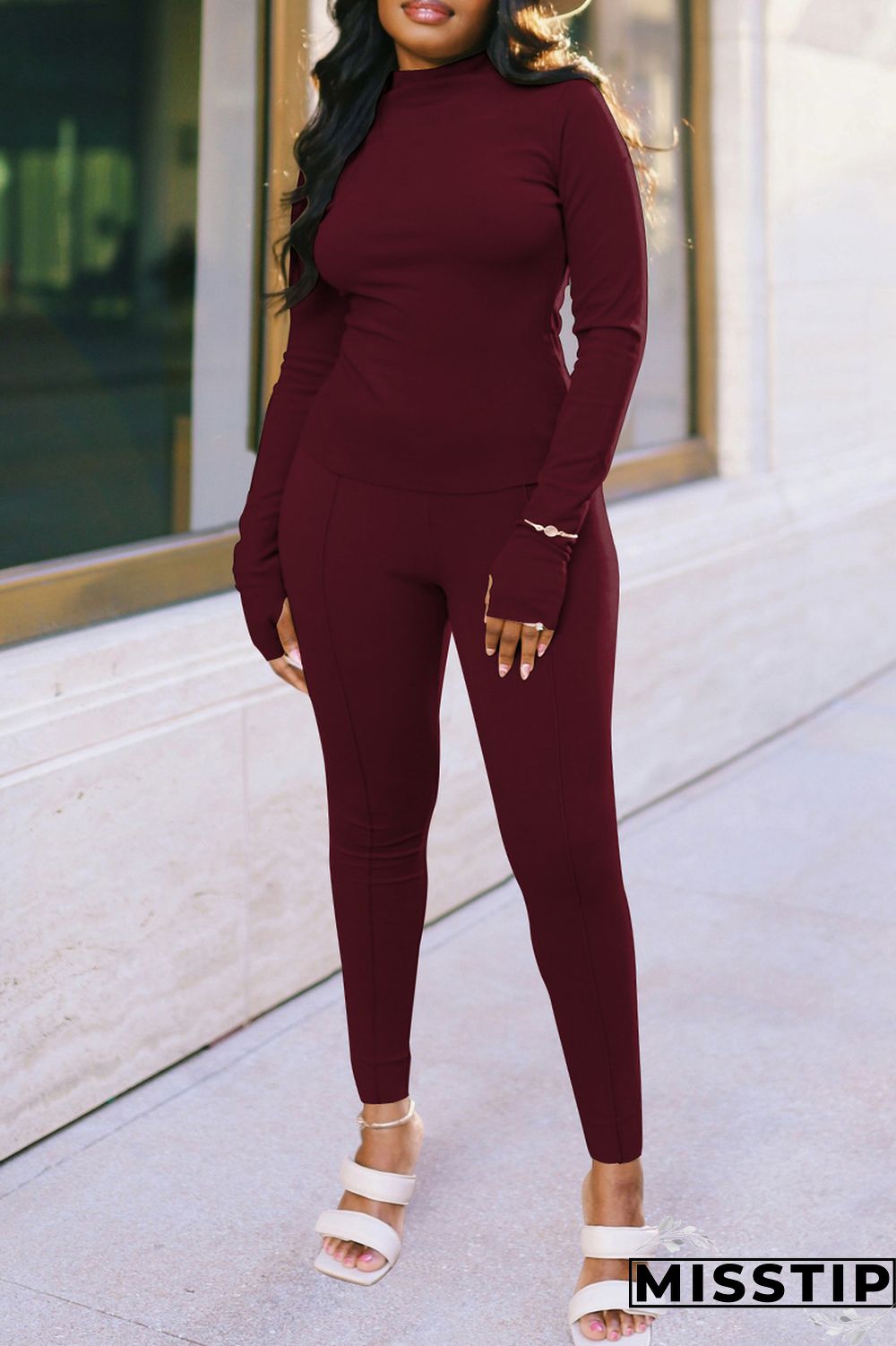 Burgundy Fashion Casual Solid Basic Turtleneck Long Sleeve Two Pieces