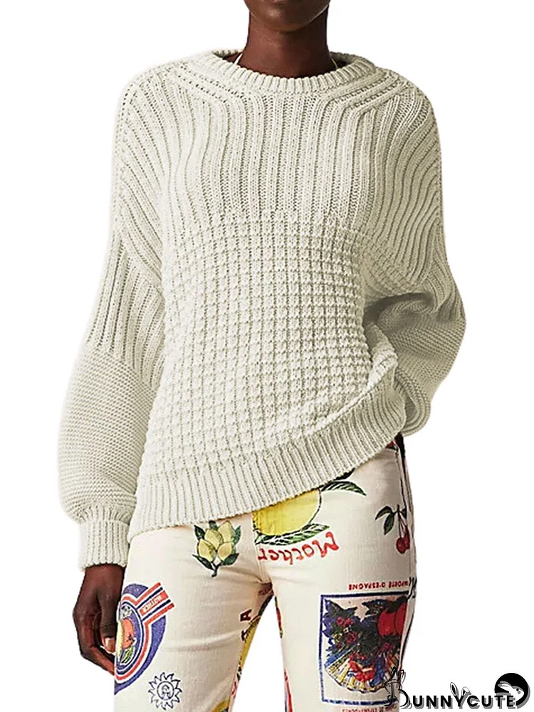 Long Sleeves Loose Solid Color Round-Neck Pullovers Sweater Tops